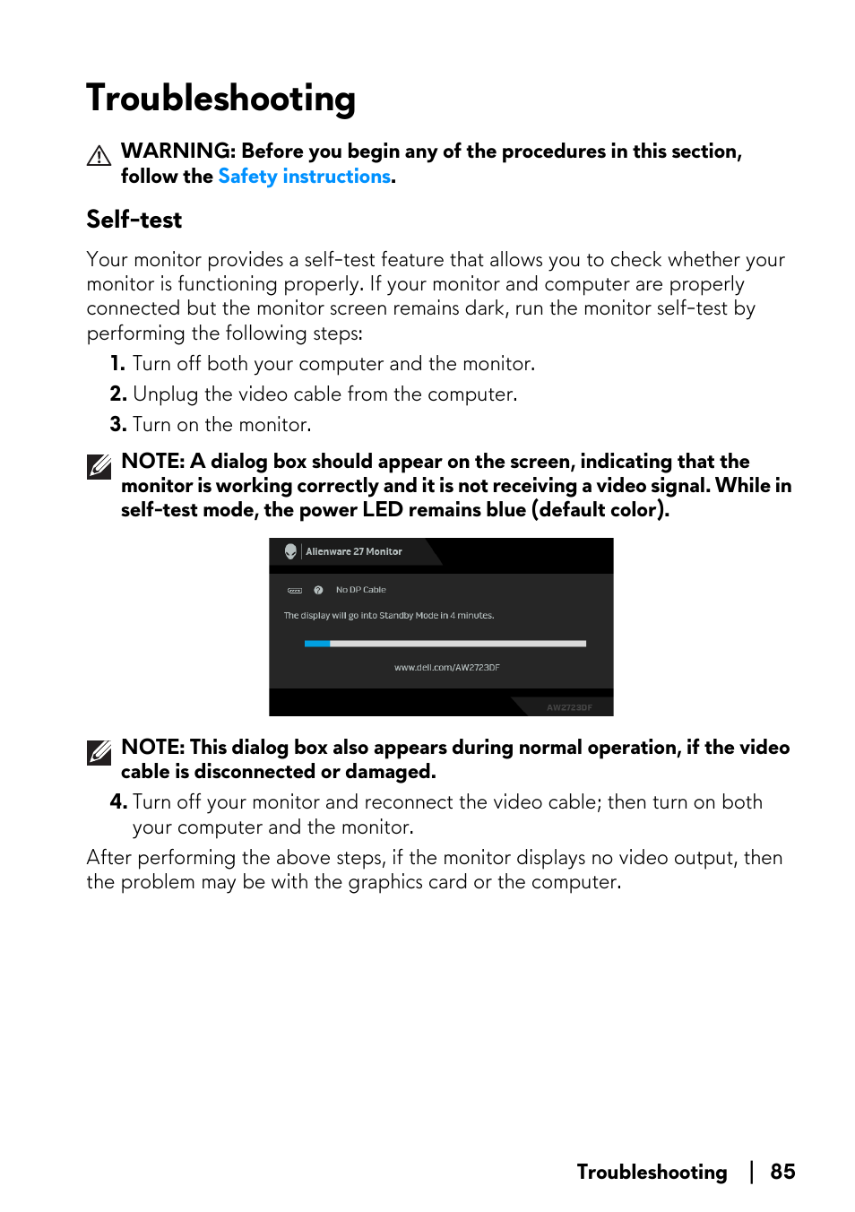 Troubleshooting, Self-test, For more info | Alienware AW2723DF 27" 1440p 280Hz Gaming Monitor (Lunar Light) User Manual | Page 85 / 91