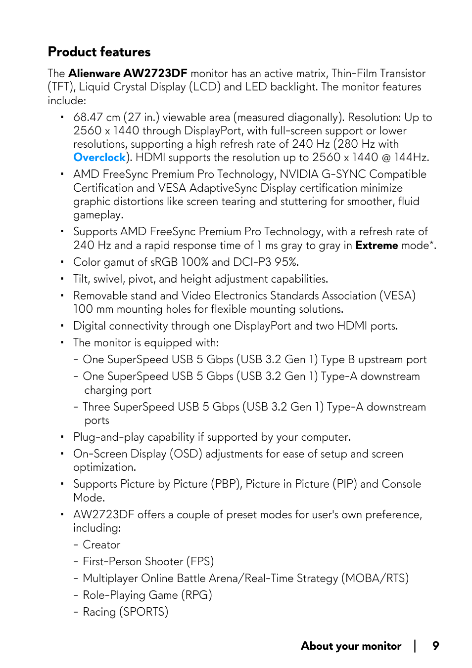 Product features | Alienware AW2723DF 27" 1440p 280Hz Gaming Monitor (Lunar Light) User Manual | Page 9 / 91