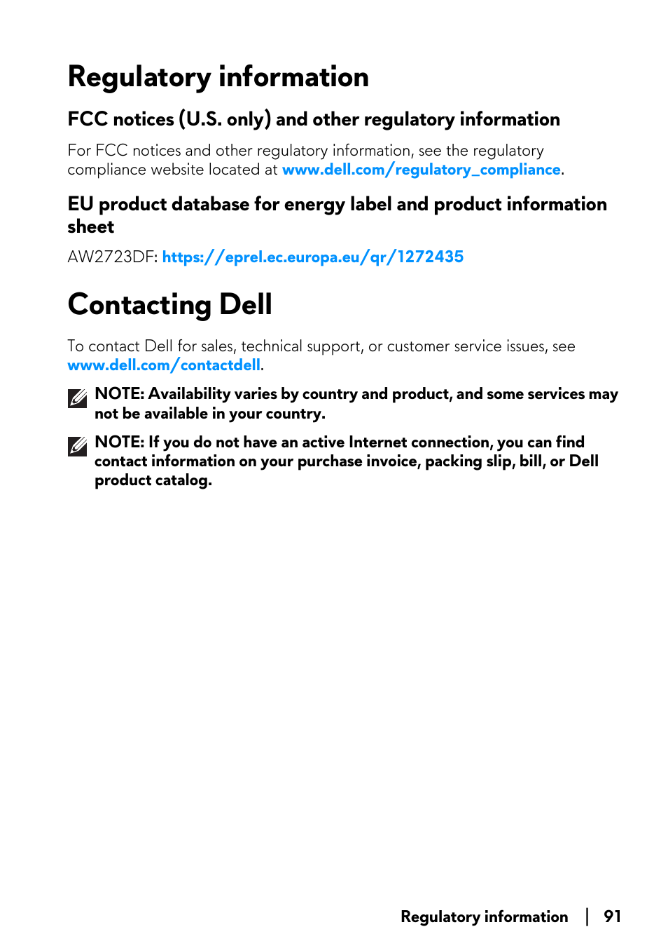 Regulatory information, Contacting dell, Fcc notices (u.s. only) and other regulatory | Information sheet | Alienware AW2723DF 27" 1440p 280Hz Gaming Monitor (Lunar Light) User Manual | Page 91 / 91