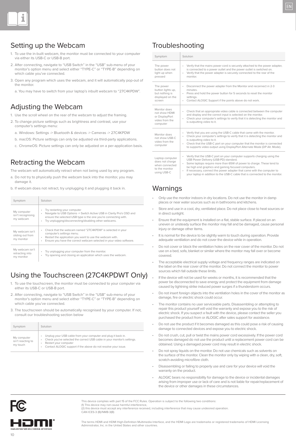 Using the touchscreen (27c4kpdwt only), Warnings, Troubleshooting | ALOGIC Clarity Pro 27" 4K HDR Video Conferencing Monitor User Manual | Page 10 / 46