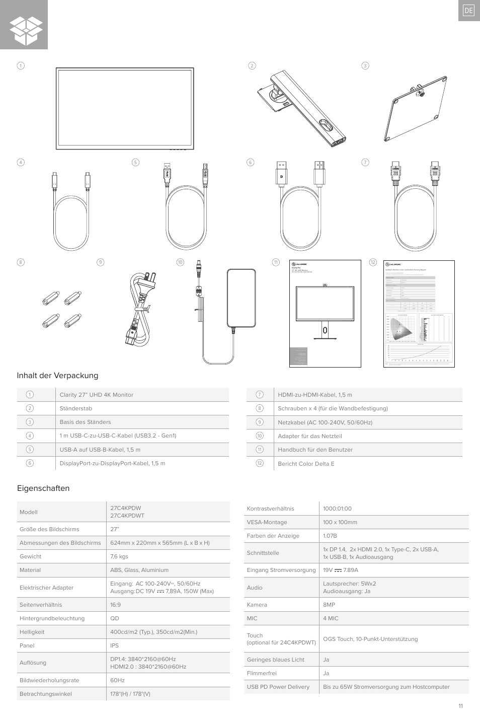 Inhalt der verpackung, Eigenschaften | ALOGIC Clarity Pro 27" 4K HDR Video Conferencing Monitor User Manual | Page 11 / 46