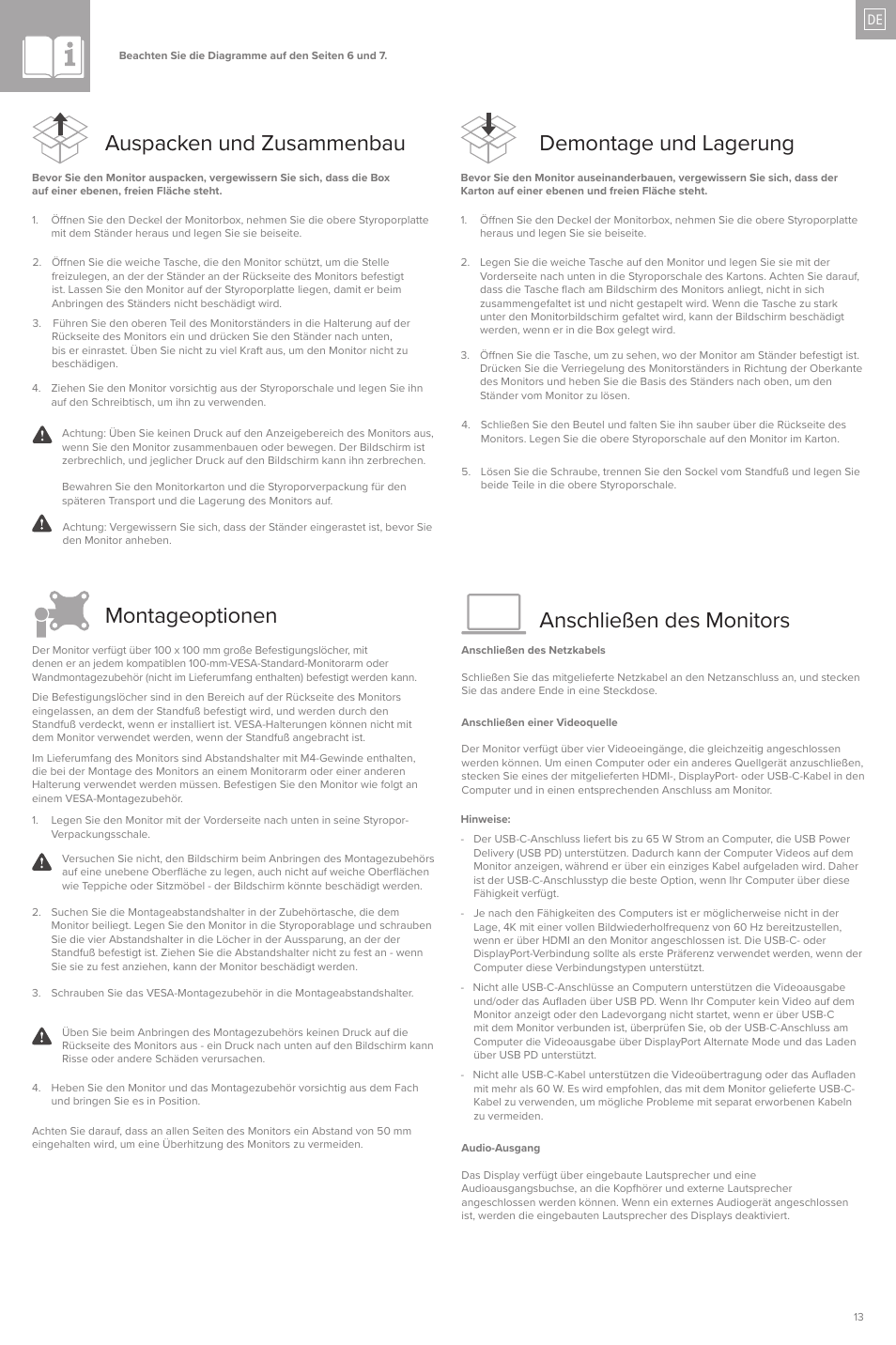 Auspacken und zusammenbau, Montageoptionen, Anschließen des monitors demontage und lagerung | ALOGIC Clarity Pro 27" 4K HDR Video Conferencing Monitor User Manual | Page 13 / 46