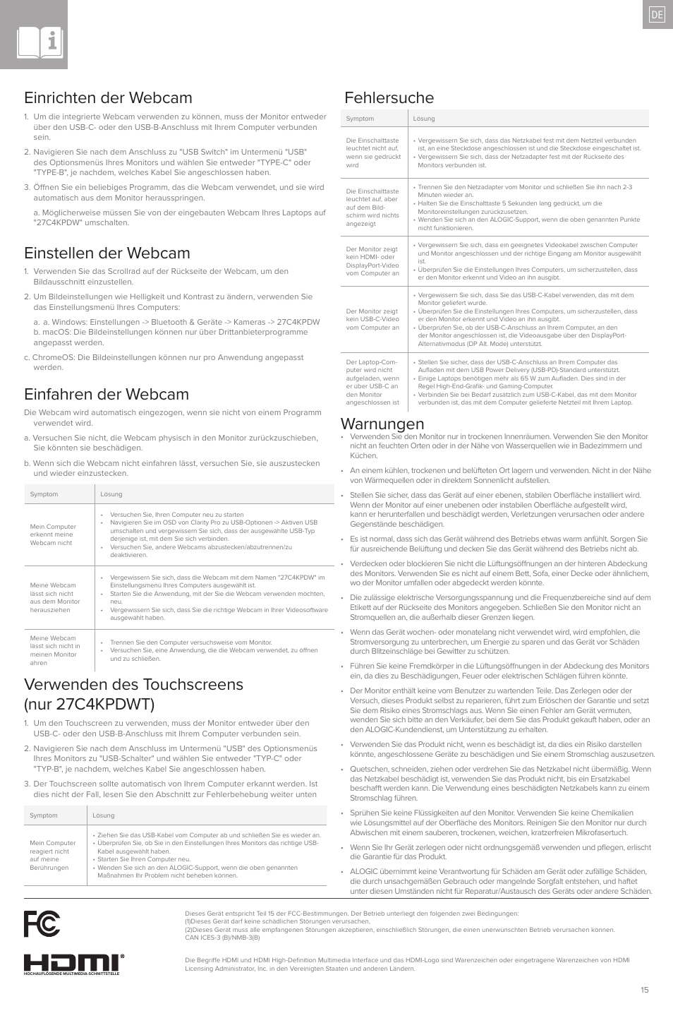Anschließen von usb-geräten, Verwenden des touchscreens (nur 27c4kpdwt), Warnungen | Fehlersuche | ALOGIC Clarity Pro 27" 4K HDR Video Conferencing Monitor User Manual | Page 15 / 46