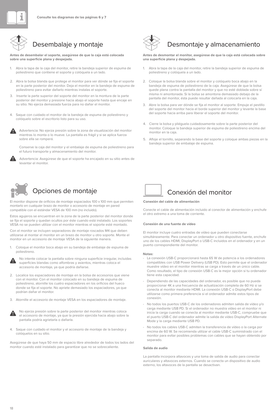 Desembalaje y montaje, Opciones de montaje, Conexión del monitor desmontaje y almacenamiento | ALOGIC Clarity Pro 27" 4K HDR Video Conferencing Monitor User Manual | Page 18 / 46