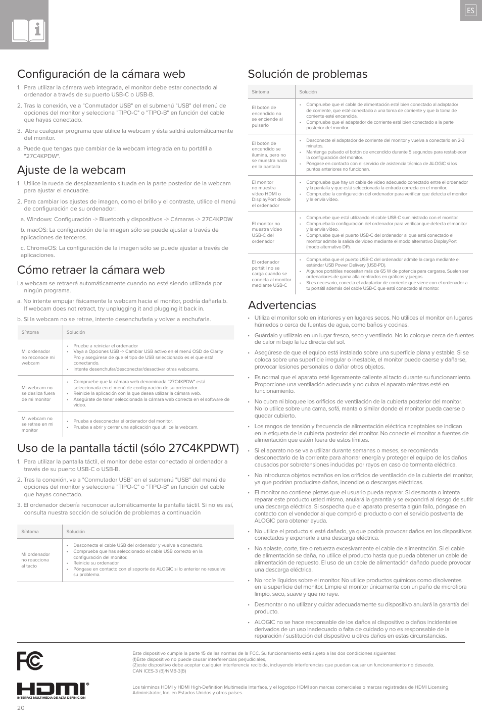 Uso de la pantalla táctil (sólo 27c4kpdwt), Advertencias, Solución de problemas | ALOGIC Clarity Pro 27" 4K HDR Video Conferencing Monitor User Manual | Page 20 / 46