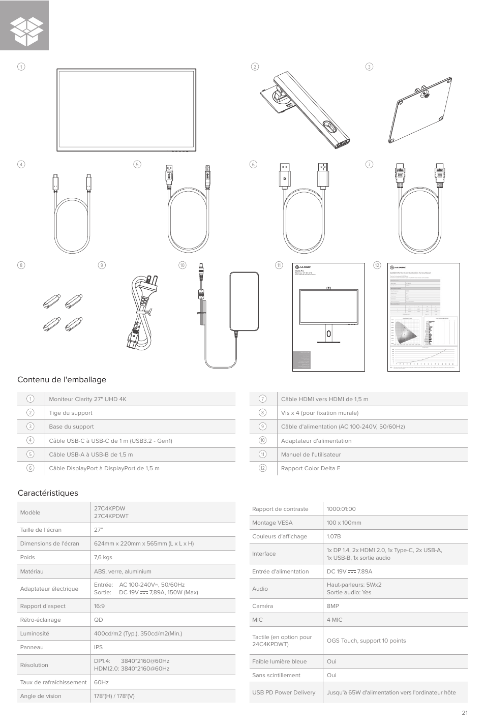 Contenu de l'emballage, Caractéristiques | ALOGIC Clarity Pro 27