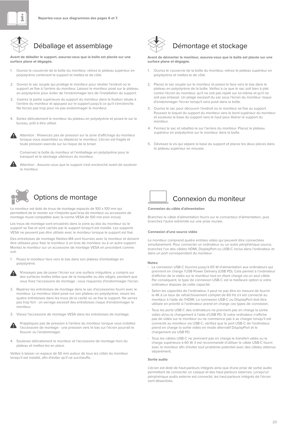 Déballage et assemblage, Options de montage, Connexion du moniteur démontage et stockage | ALOGIC Clarity Pro 27" 4K HDR Video Conferencing Monitor User Manual | Page 23 / 46