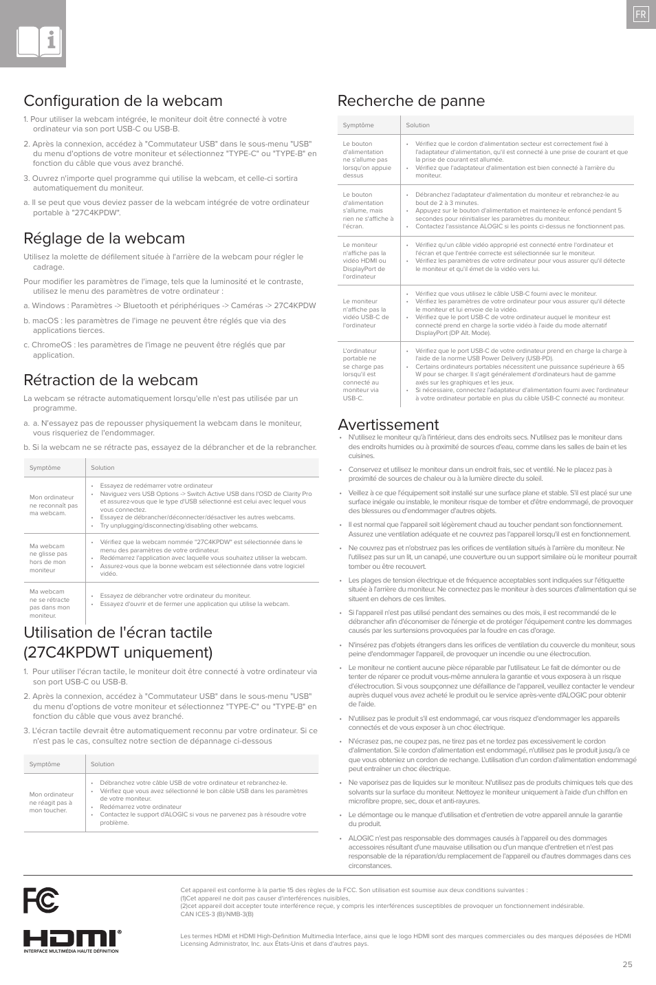 Connexion de périphériques usb, Avertissement, Recherche de panne | ALOGIC Clarity Pro 27" 4K HDR Video Conferencing Monitor User Manual | Page 25 / 46