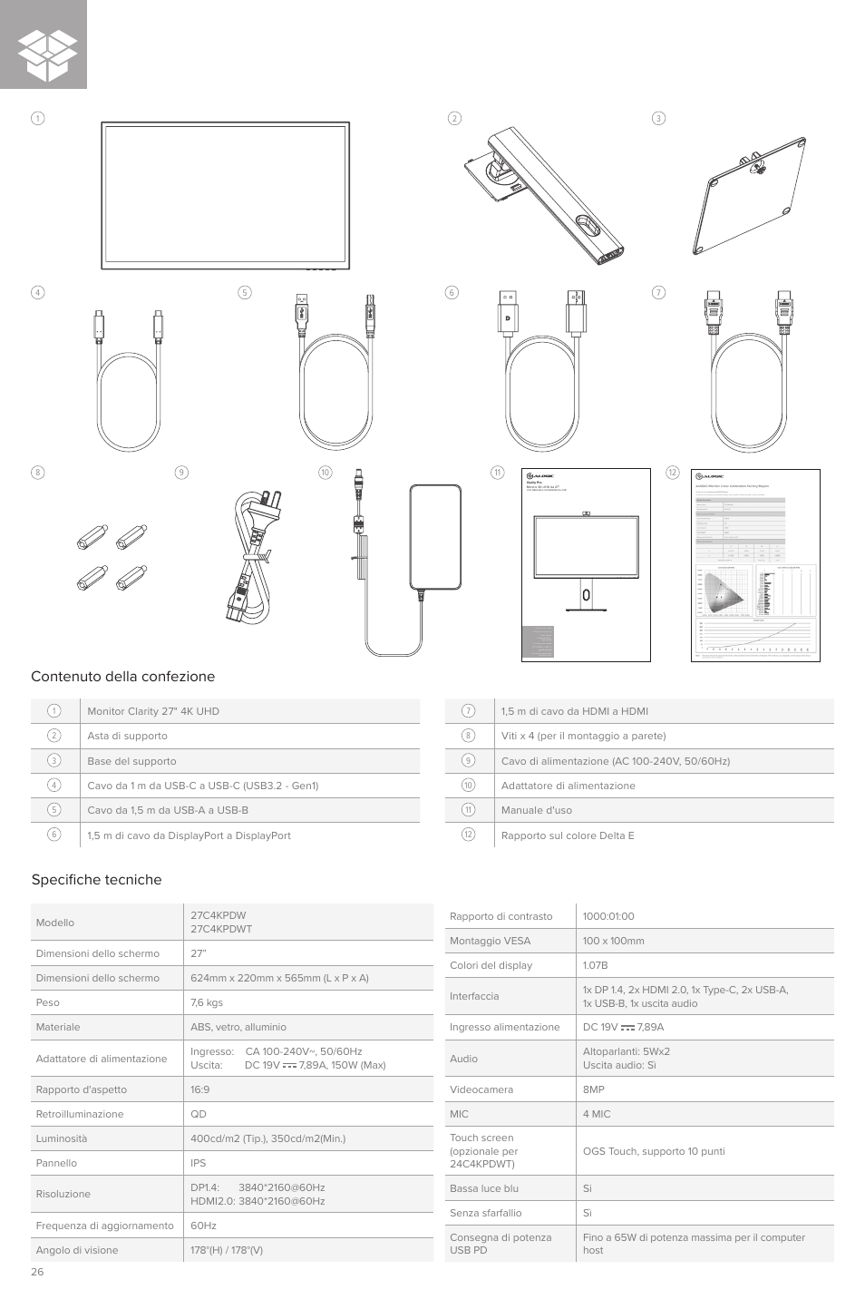 Contenuto della confezione, Specifiche tecniche | ALOGIC Clarity Pro 27" 4K HDR Video Conferencing Monitor User Manual | Page 26 / 46