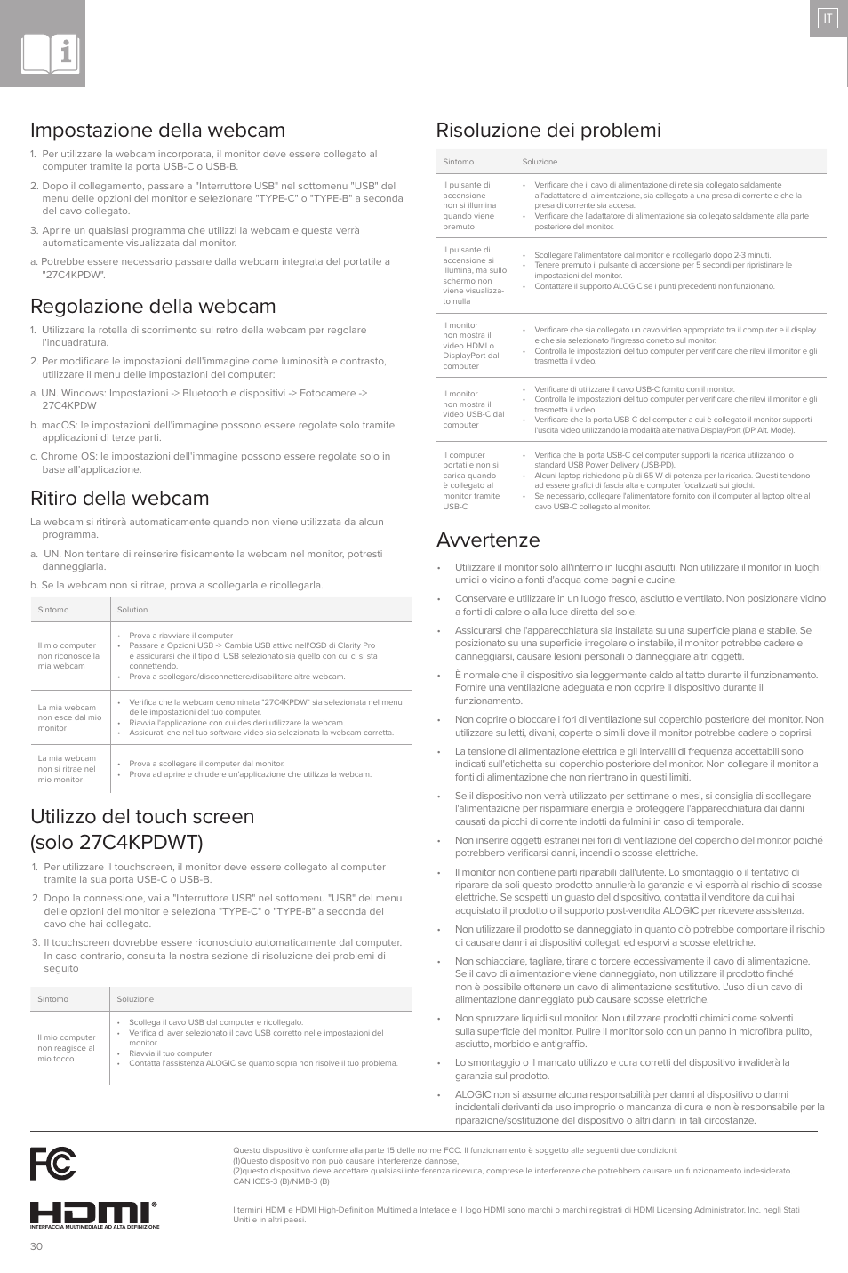 Utilizzo del touch screen (solo 27c4kpdwt), Avvertenze, Risoluzione dei problemi | ALOGIC Clarity Pro 27" 4K HDR Video Conferencing Monitor User Manual | Page 30 / 46