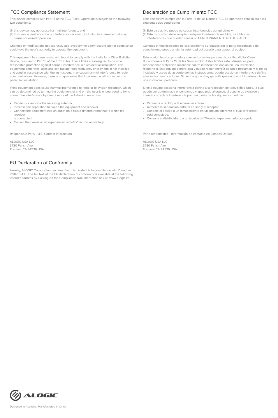 Declaración de cumplimiento fcc | ALOGIC Clarity Pro 27" 4K HDR Video Conferencing Monitor User Manual | Page 46 / 46