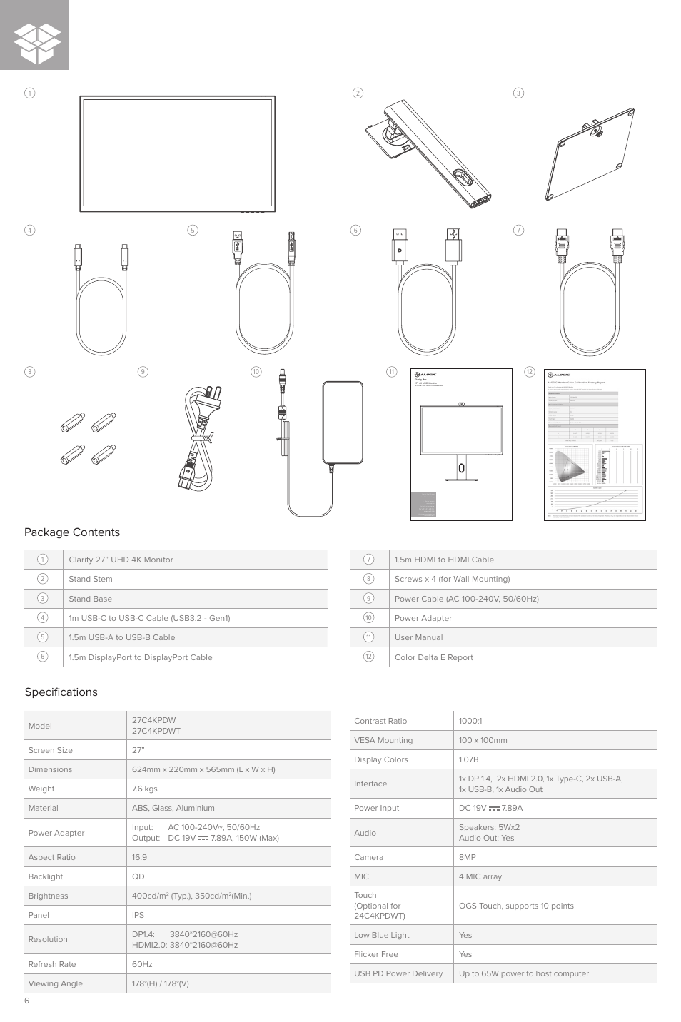 Package contents, Specifications | ALOGIC Clarity Pro 27" 4K HDR Video Conferencing Monitor User Manual | Page 6 / 46