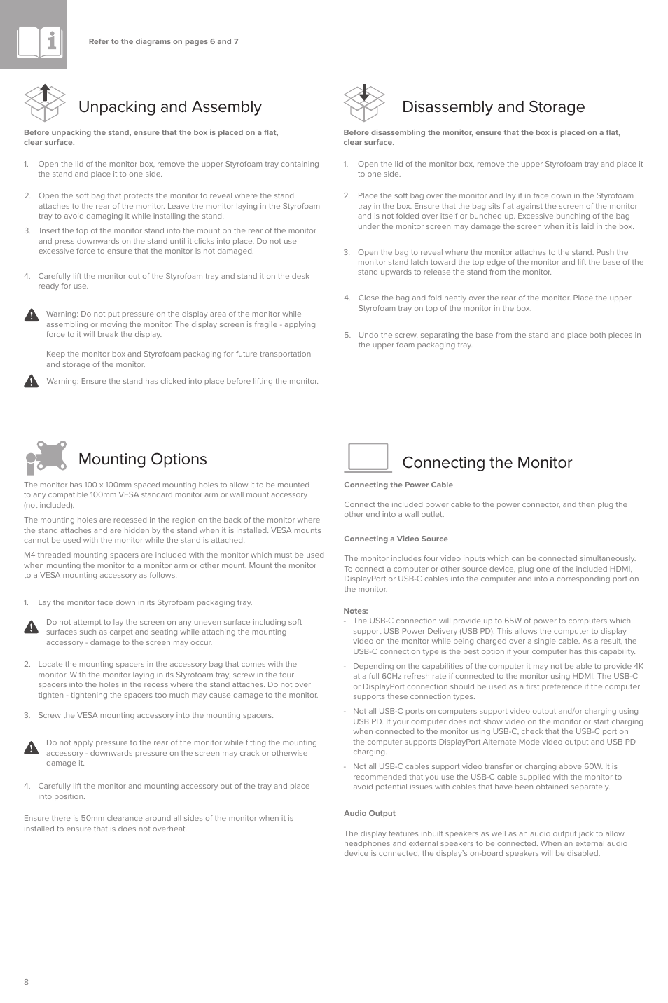 Unpacking and assembly, Mounting options, Connecting the monitor disassembly and storage | ALOGIC Clarity Pro 27" 4K HDR Video Conferencing Monitor User Manual | Page 8 / 46