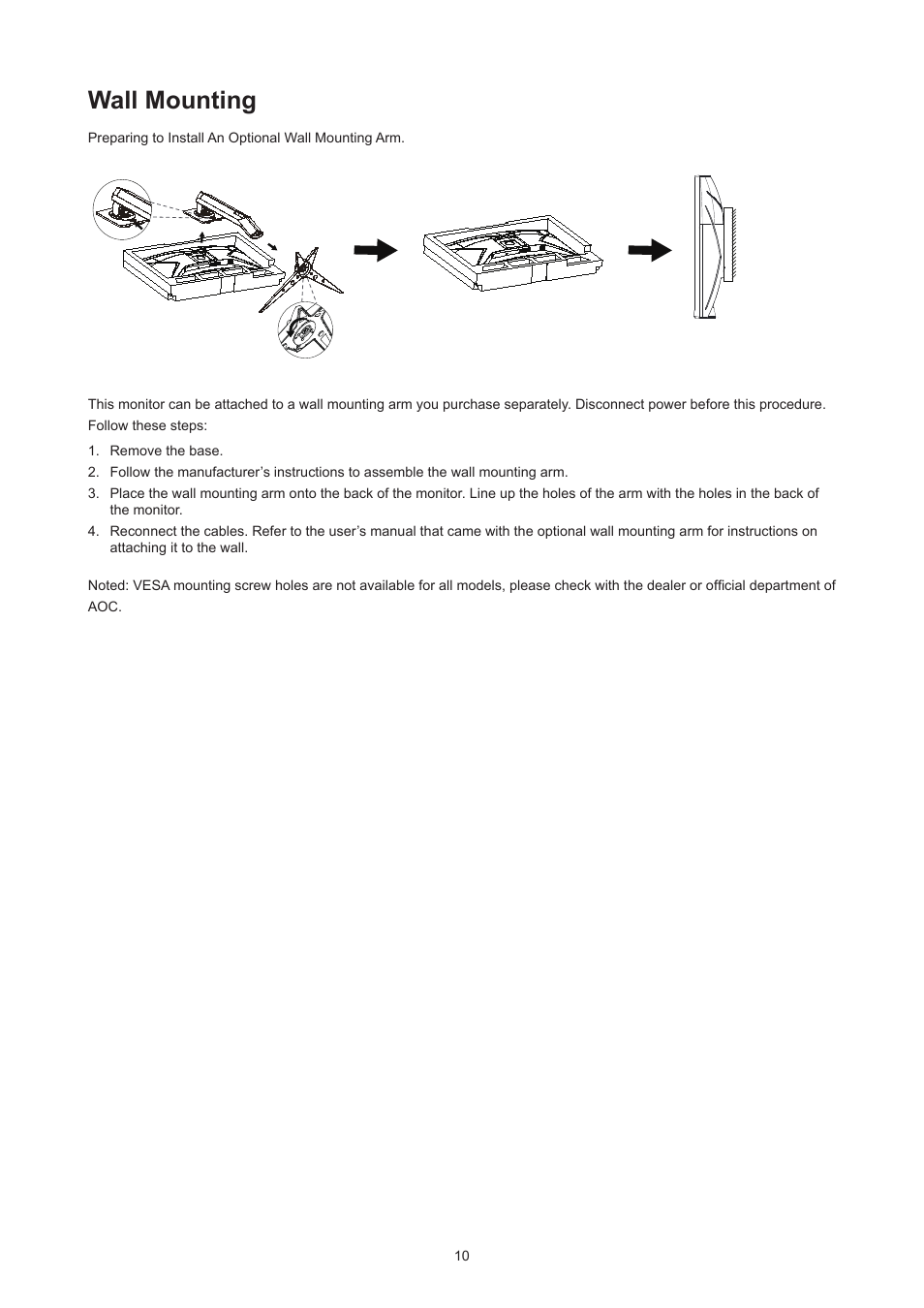 Wall mounting | AOC 27G2Z 27" 240 Hz HDR Gaming Monitor (Black/Silver/Red) User Manual | Page 12 / 31