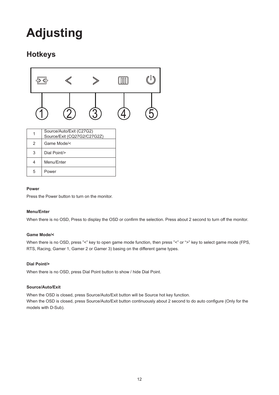 Adjusting, Hotkeys | AOC 27G2Z 27" 240 Hz HDR Gaming Monitor (Black/Silver/Red) User Manual | Page 14 / 31