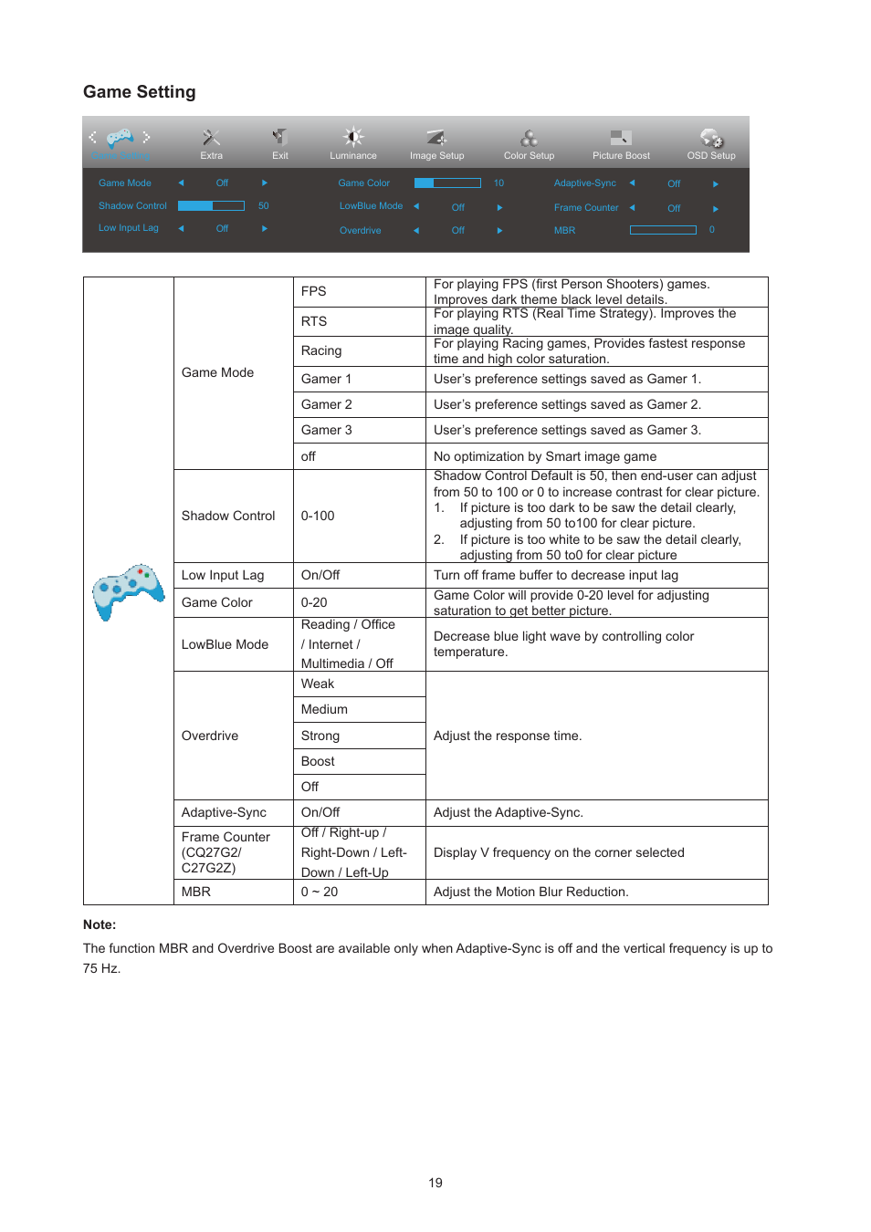Game setting | AOC 27G2Z 27" 240 Hz HDR Gaming Monitor (Black/Silver/Red) User Manual | Page 21 / 31