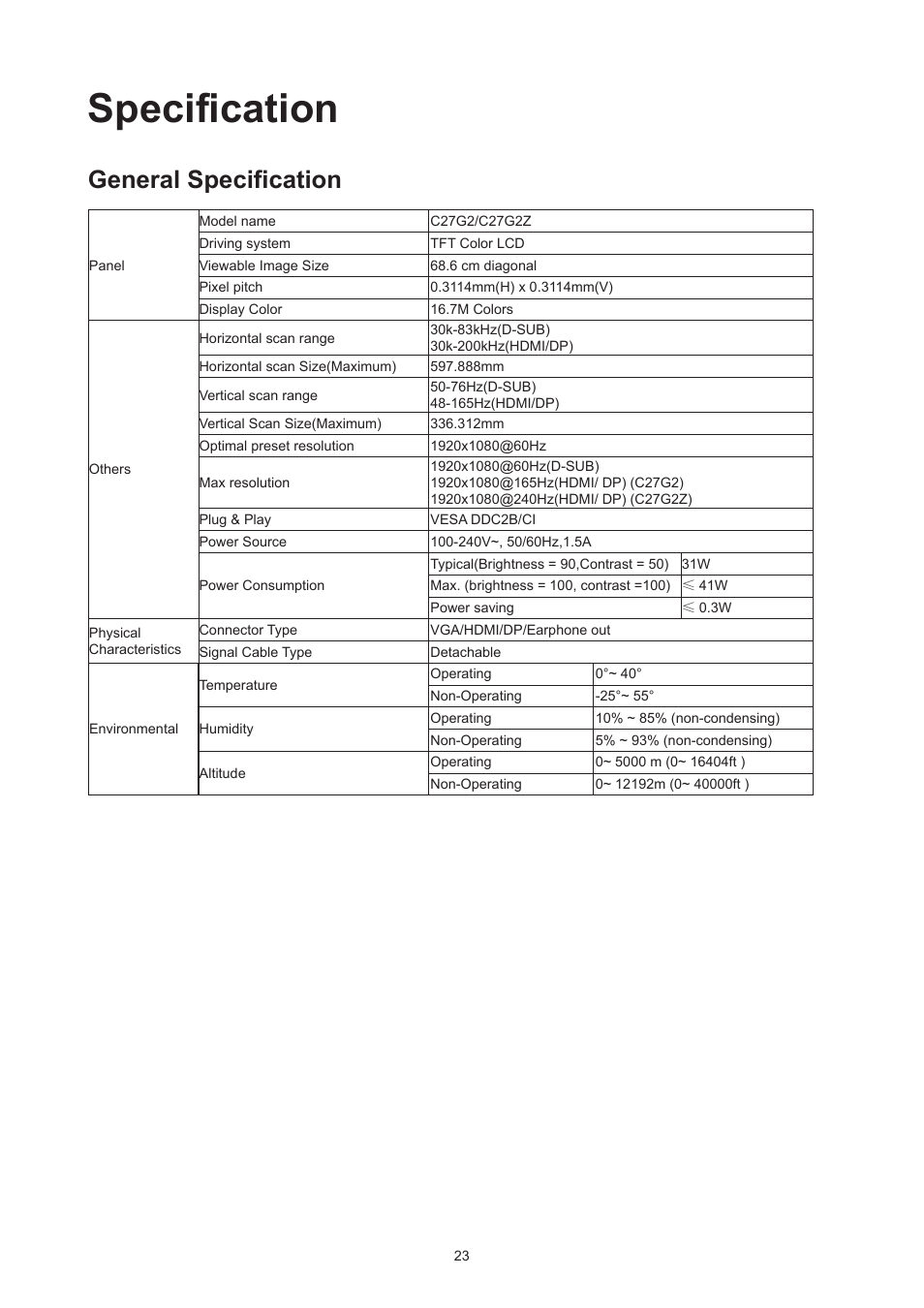 Specification, General specification | AOC 27G2Z 27" 240 Hz HDR Gaming Monitor (Black/Silver/Red) User Manual | Page 25 / 31