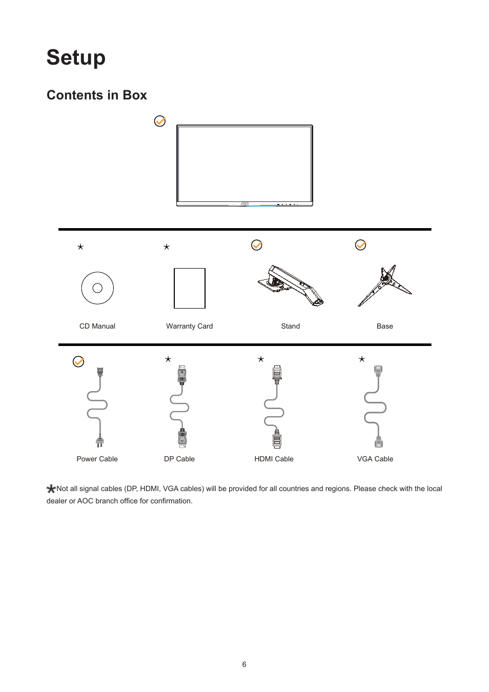 Setup, Contents in box | AOC 27G2Z 27" 240 Hz HDR Gaming Monitor (Black/Silver/Red) User Manual | Page 8 / 31