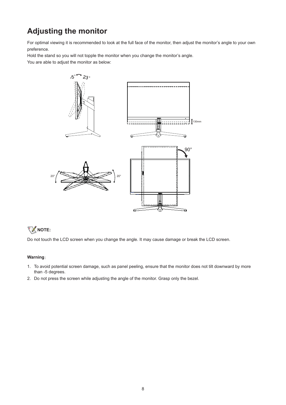 Adjusting the monitor | AOC AG324UX 31.5" 4K UHD 144 Hz Gaming Monitor User Manual | Page 10 / 34