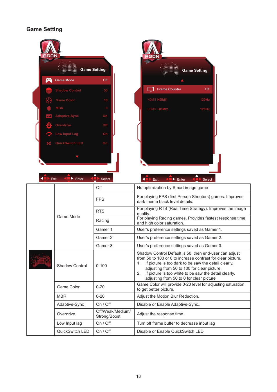 Game setting | AOC AG324UX 31.5" 4K UHD 144 Hz Gaming Monitor User Manual | Page 20 / 34