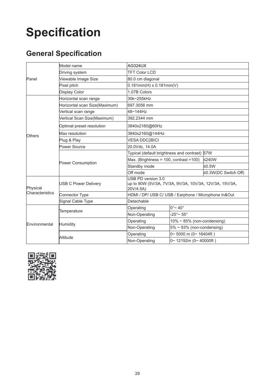 Specification, General specification | AOC AG324UX 31.5" 4K UHD 144 Hz Gaming Monitor User Manual | Page 31 / 34