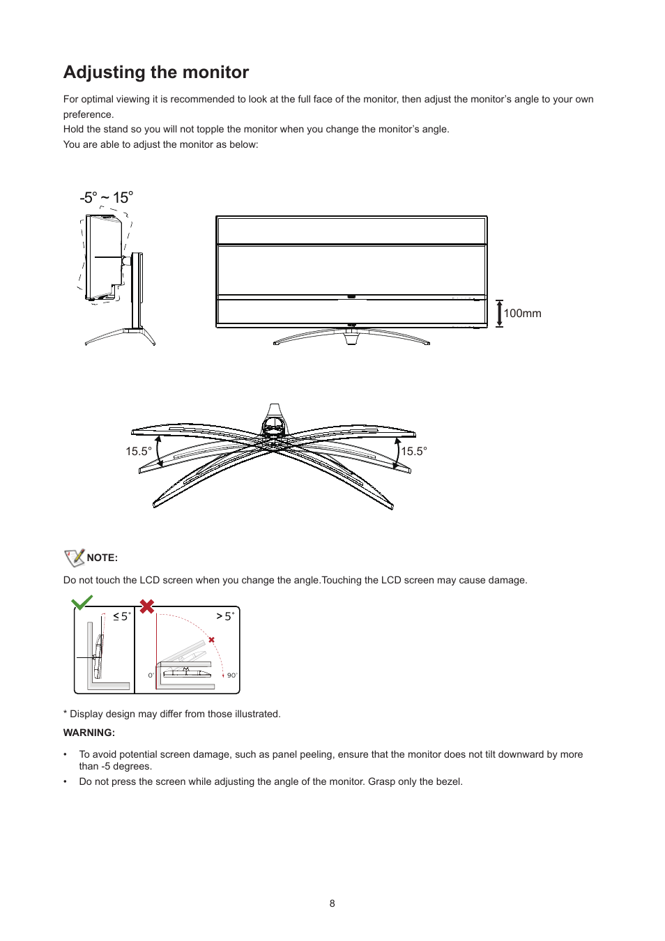 Adjusting the monitor | AOC AG493UCX2 48.8" DQHD HDR 165 Hz Curved Gaming Monitor User Manual | Page 10 / 35