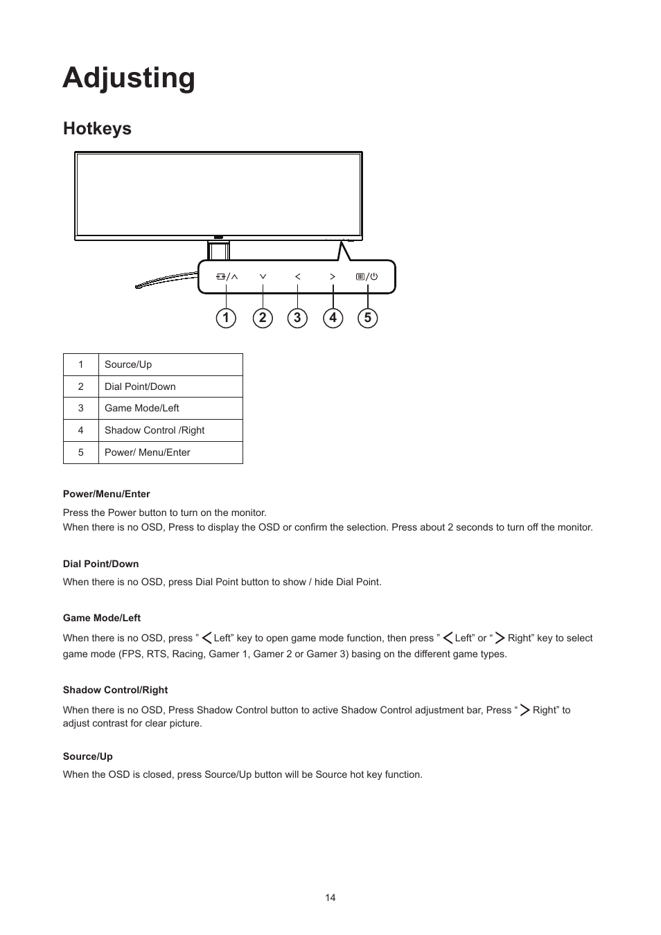 Adjusting, Hotkeys | AOC AG493UCX2 48.8" DQHD HDR 165 Hz Curved Gaming Monitor User Manual | Page 16 / 35