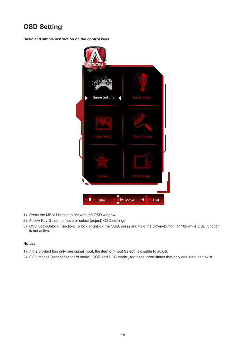 Osd setting | AOC AG493UCX2 48.8" DQHD HDR 165 Hz Curved Gaming Monitor User Manual | Page 20 / 35