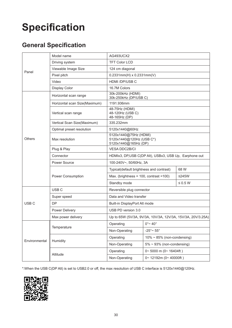 Specification, General specification | AOC AG493UCX2 48.8" DQHD HDR 165 Hz Curved Gaming Monitor User Manual | Page 32 / 35