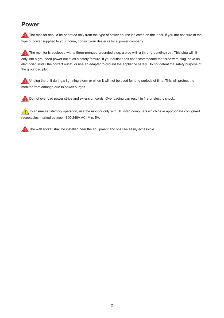 Power | AOC AG493UCX2 48.8" DQHD HDR 165 Hz Curved Gaming Monitor User Manual | Page 4 / 35