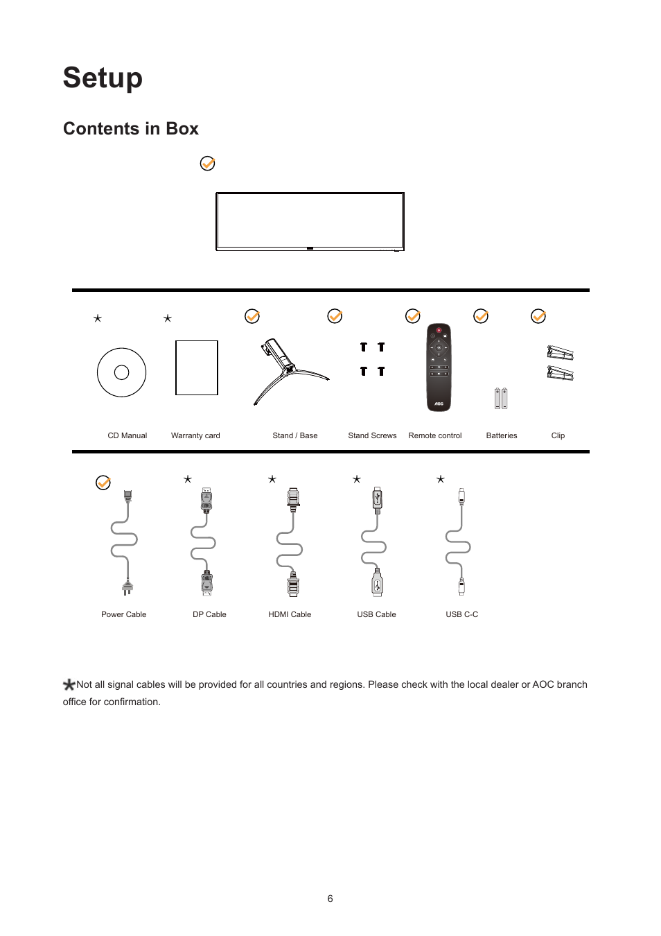 Setup, Contents in box | AOC AG493UCX2 48.8" DQHD HDR 165 Hz Curved Gaming Monitor User Manual | Page 8 / 35