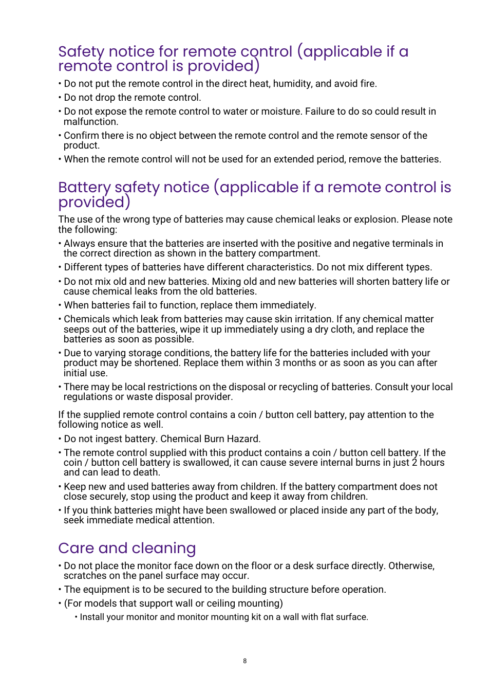 Care and cleaning | BenQ PhotoVue SW272U 27" 4K HDR Monitor User Manual | Page 8 / 70