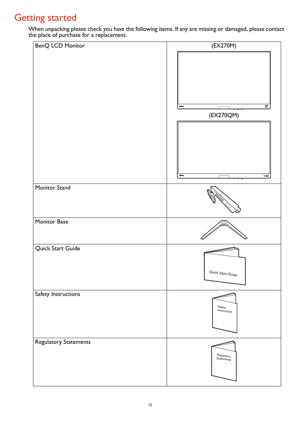 Getting started | BenQ MOBIUZ EX270QM 27" 1440p HDR 240 Hz Gaming Monitor User Manual | Page 12 / 58