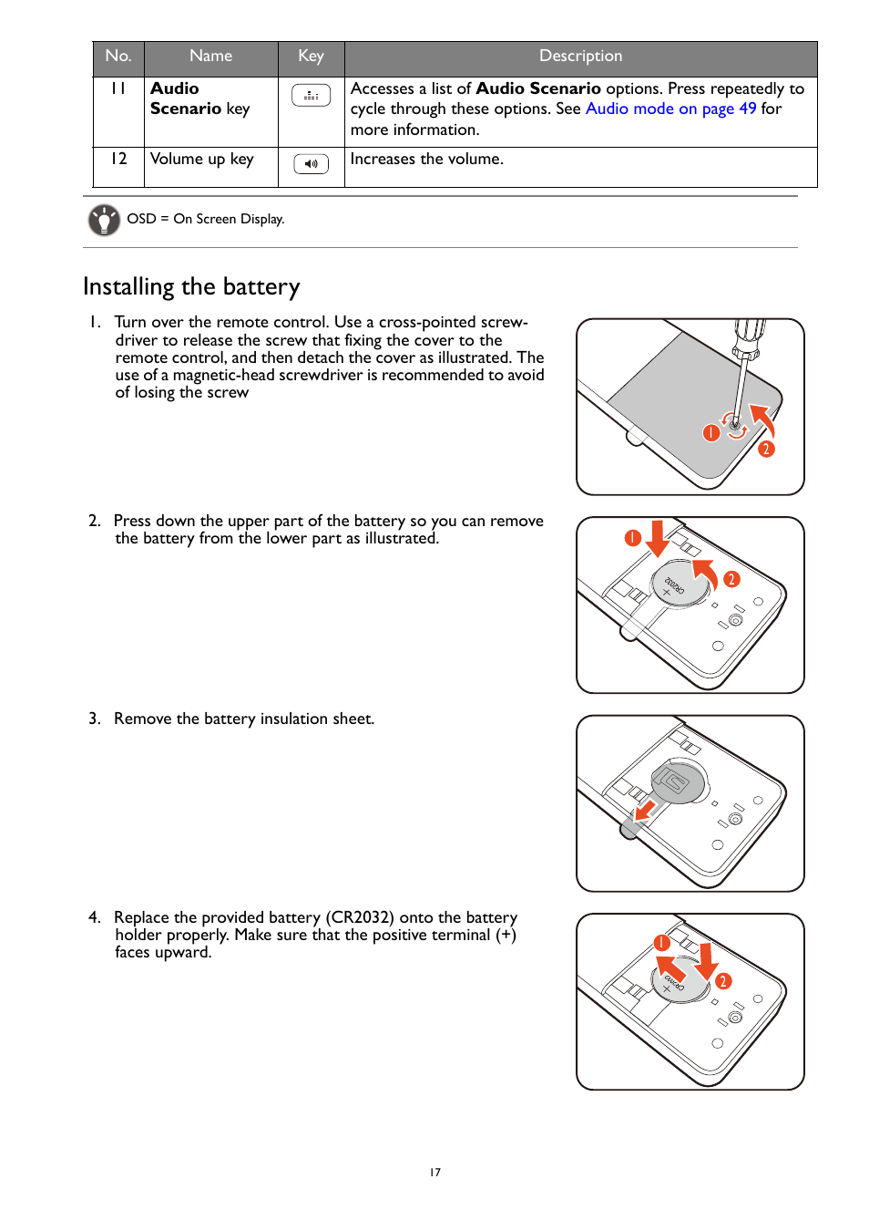 Installing the battery | BenQ MOBIUZ EX270QM 27" 1440p HDR 240 Hz Gaming Monitor User Manual | Page 17 / 58