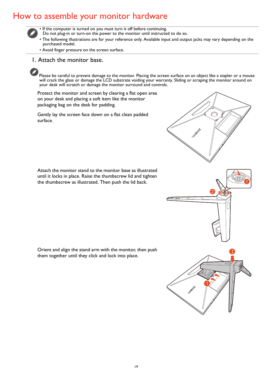 How to assemble your monitor hardware, Attach the monitor base | BenQ MOBIUZ EX270QM 27" 1440p HDR 240 Hz Gaming Monitor User Manual | Page 19 / 58