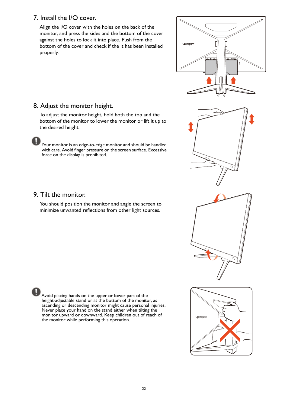 Adjust the monitor height, Tilt the monitor, Install the i/o cover | BenQ MOBIUZ EX270QM 27" 1440p HDR 240 Hz Gaming Monitor User Manual | Page 22 / 58