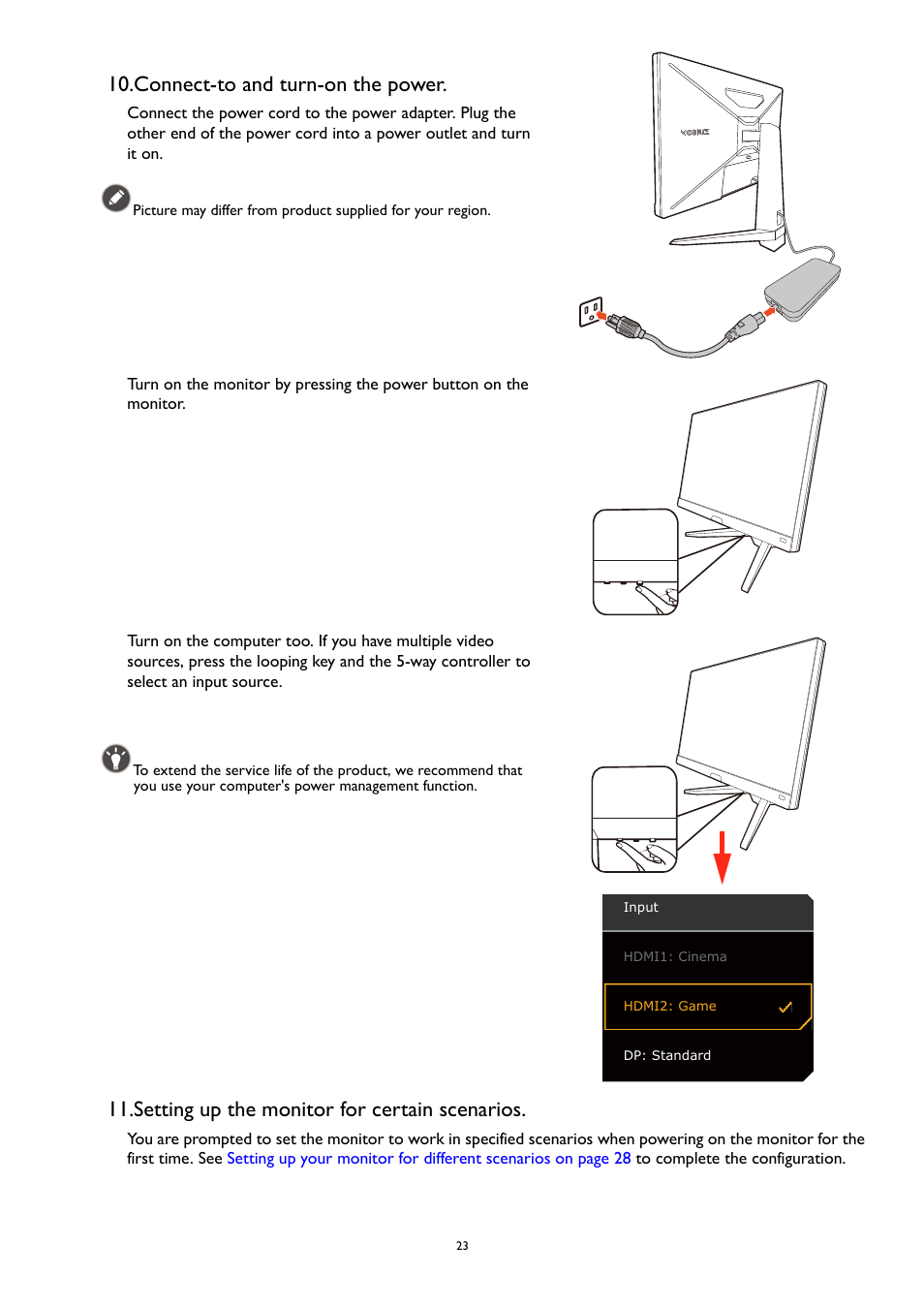 Connect-to and turn-on the power, Setting up the monitor for certain scenarios | BenQ MOBIUZ EX270QM 27" 1440p HDR 240 Hz Gaming Monitor User Manual | Page 23 / 58
