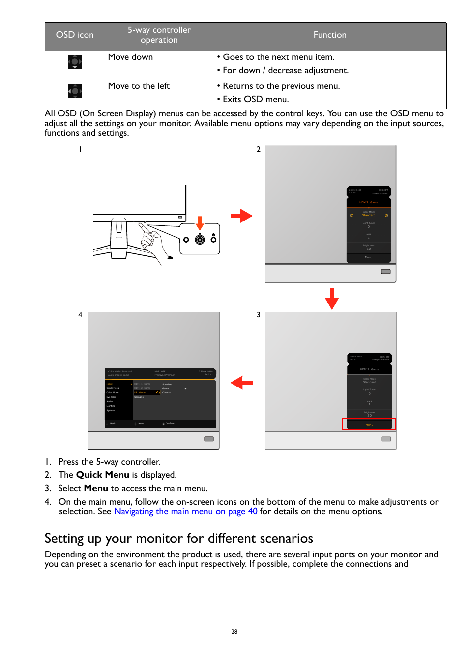 Setting up your monitor for different scenarios | BenQ MOBIUZ EX270QM 27" 1440p HDR 240 Hz Gaming Monitor User Manual | Page 28 / 58
