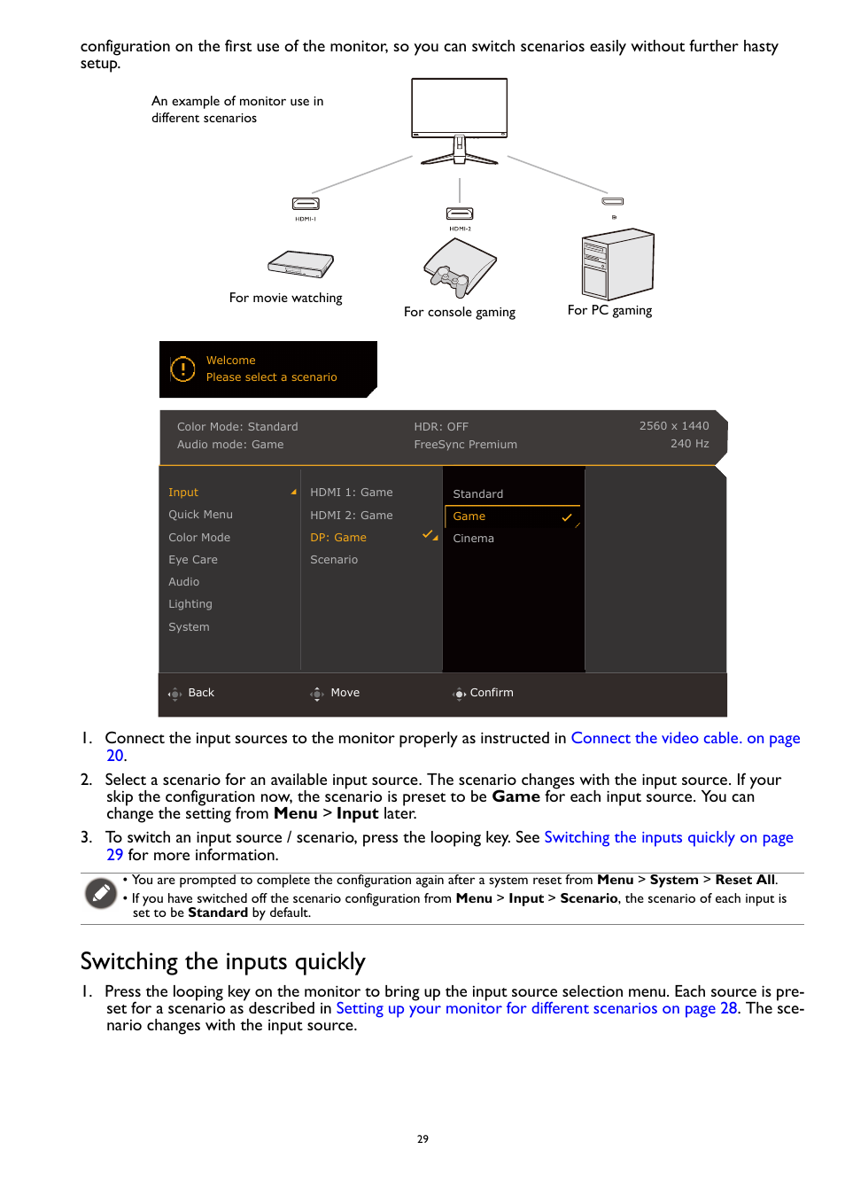 Switching the inputs quickly | BenQ MOBIUZ EX270QM 27" 1440p HDR 240 Hz Gaming Monitor User Manual | Page 29 / 58