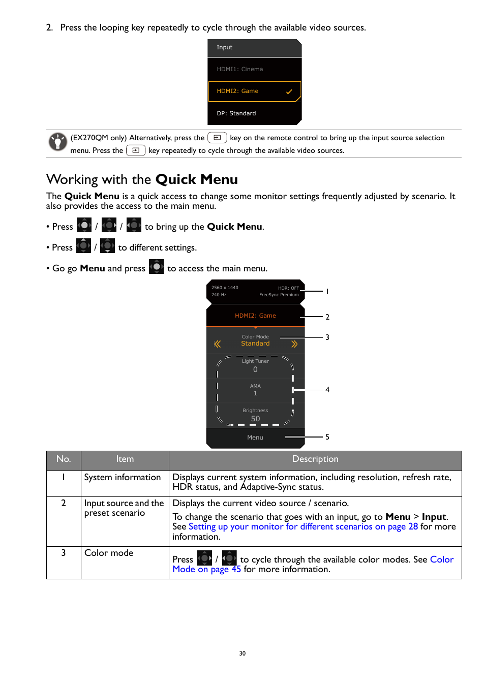 Working with the quick menu, Working with the, Quick menu | BenQ MOBIUZ EX270QM 27" 1440p HDR 240 Hz Gaming Monitor User Manual | Page 30 / 58