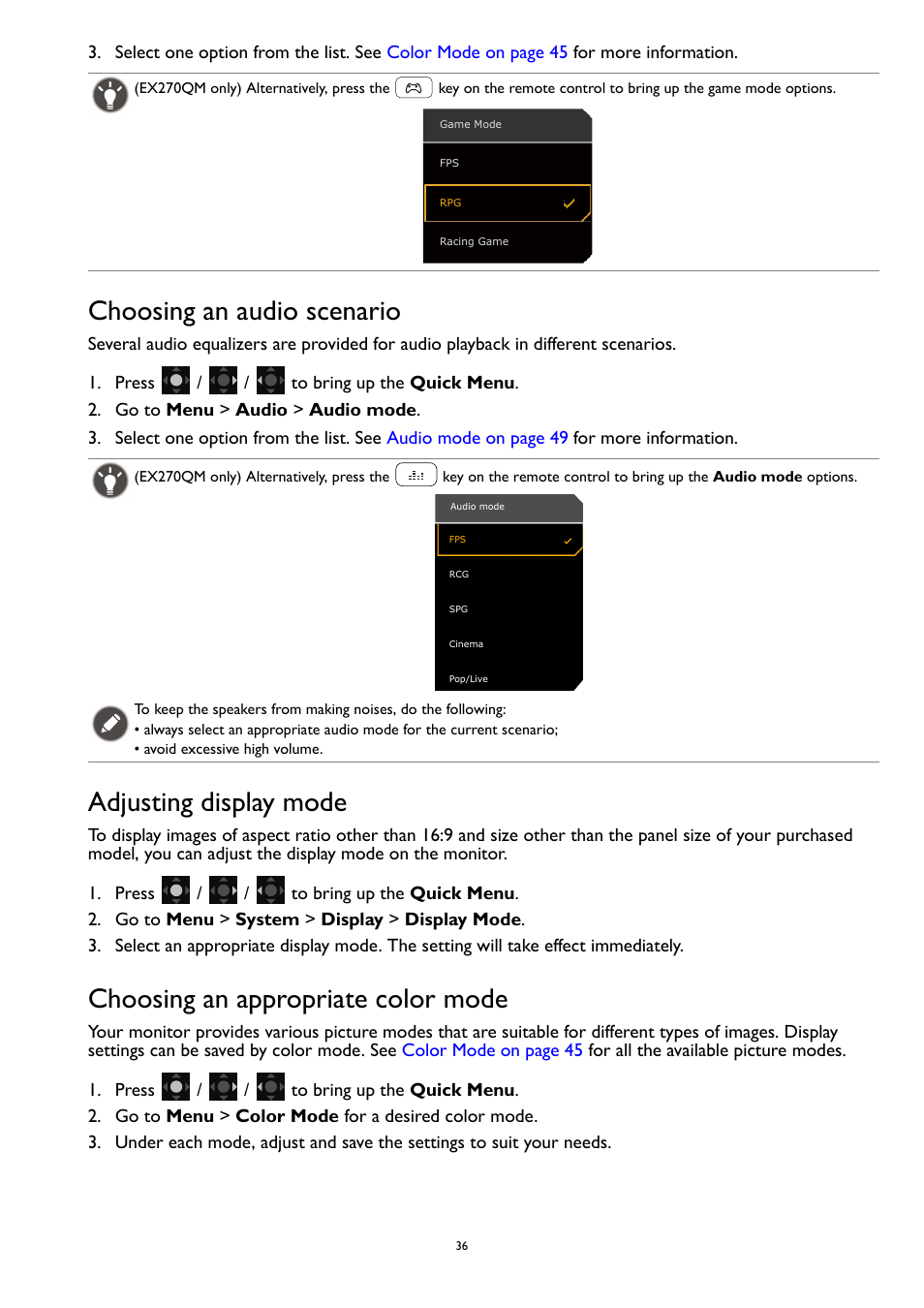 Choosing an audio scenario, Adjusting display mode, Choosing an appropriate color mode | BenQ MOBIUZ EX270QM 27" 1440p HDR 240 Hz Gaming Monitor User Manual | Page 36 / 58