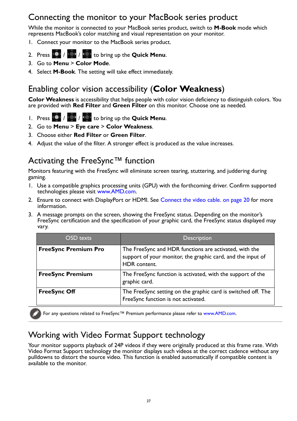 Activating the freesync™ function, Working with video format support technology | BenQ MOBIUZ EX270QM 27" 1440p HDR 240 Hz Gaming Monitor User Manual | Page 37 / 58