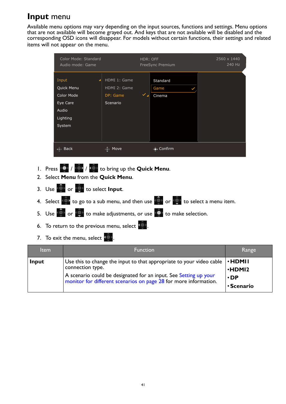 Input menu, Input | BenQ MOBIUZ EX270QM 27" 1440p HDR 240 Hz Gaming Monitor User Manual | Page 41 / 58