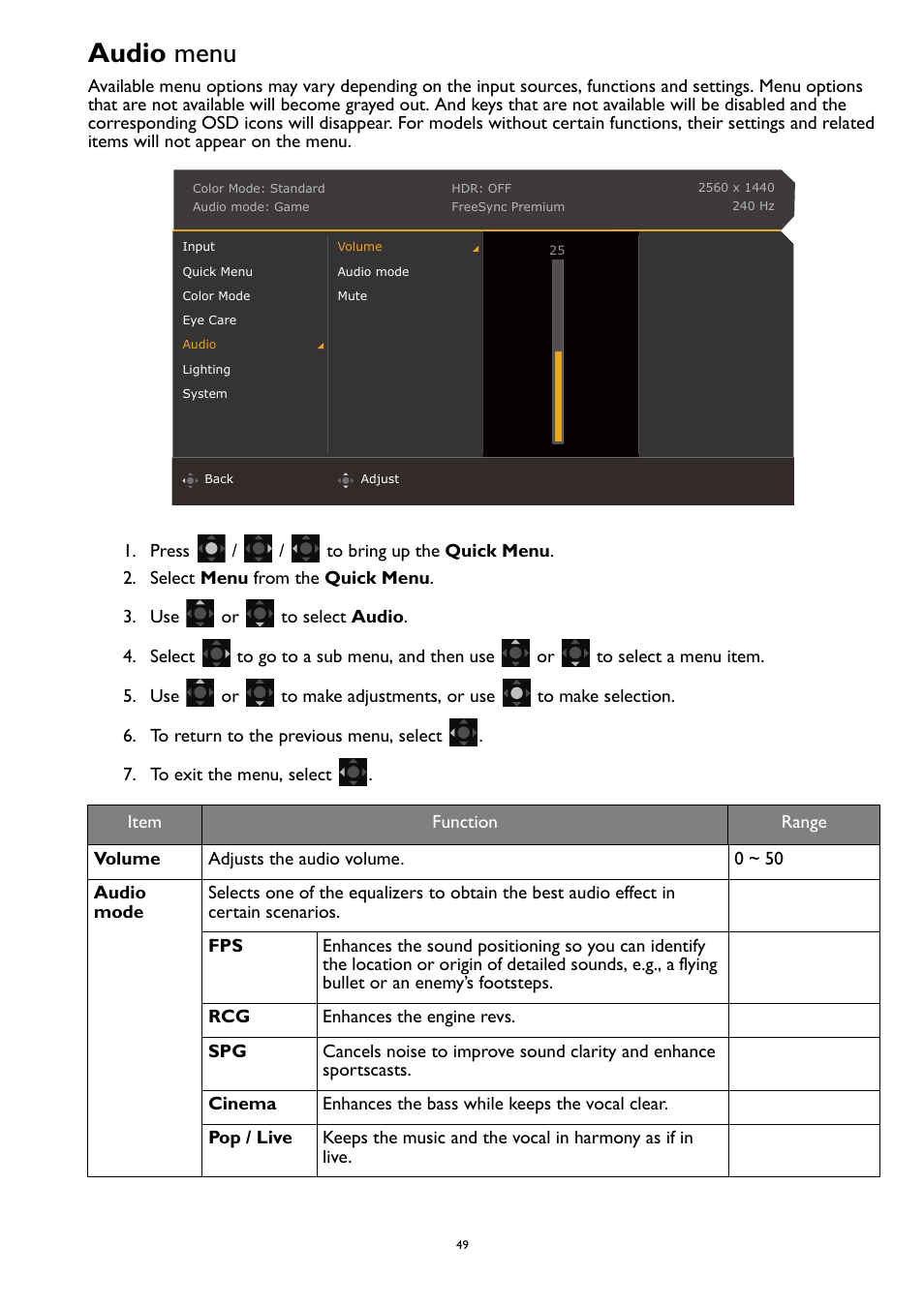 Audio menu, Audio, Om the list. see | BenQ MOBIUZ EX270QM 27" 1440p HDR 240 Hz Gaming Monitor User Manual | Page 49 / 58