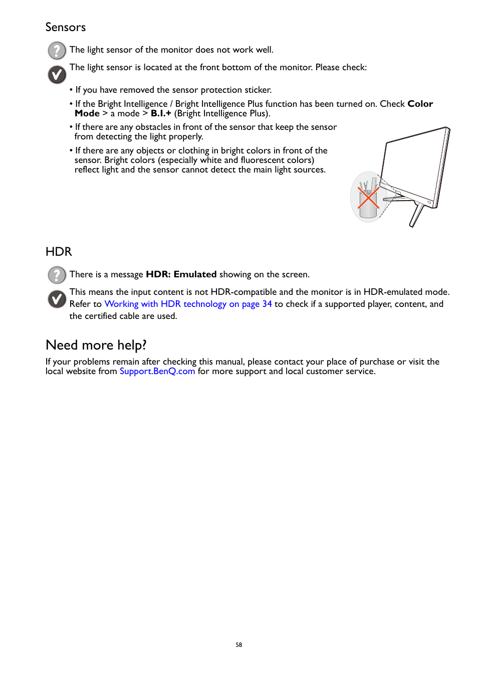 Need more help, Sensors hdr | BenQ MOBIUZ EX270QM 27" 1440p HDR 240 Hz Gaming Monitor User Manual | Page 58 / 58