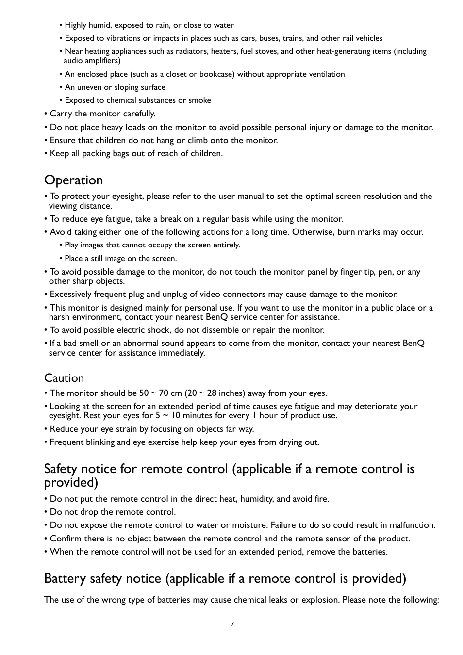 Operation, Caution | BenQ MOBIUZ EX270QM 27" 1440p HDR 240 Hz Gaming Monitor User Manual | Page 7 / 58