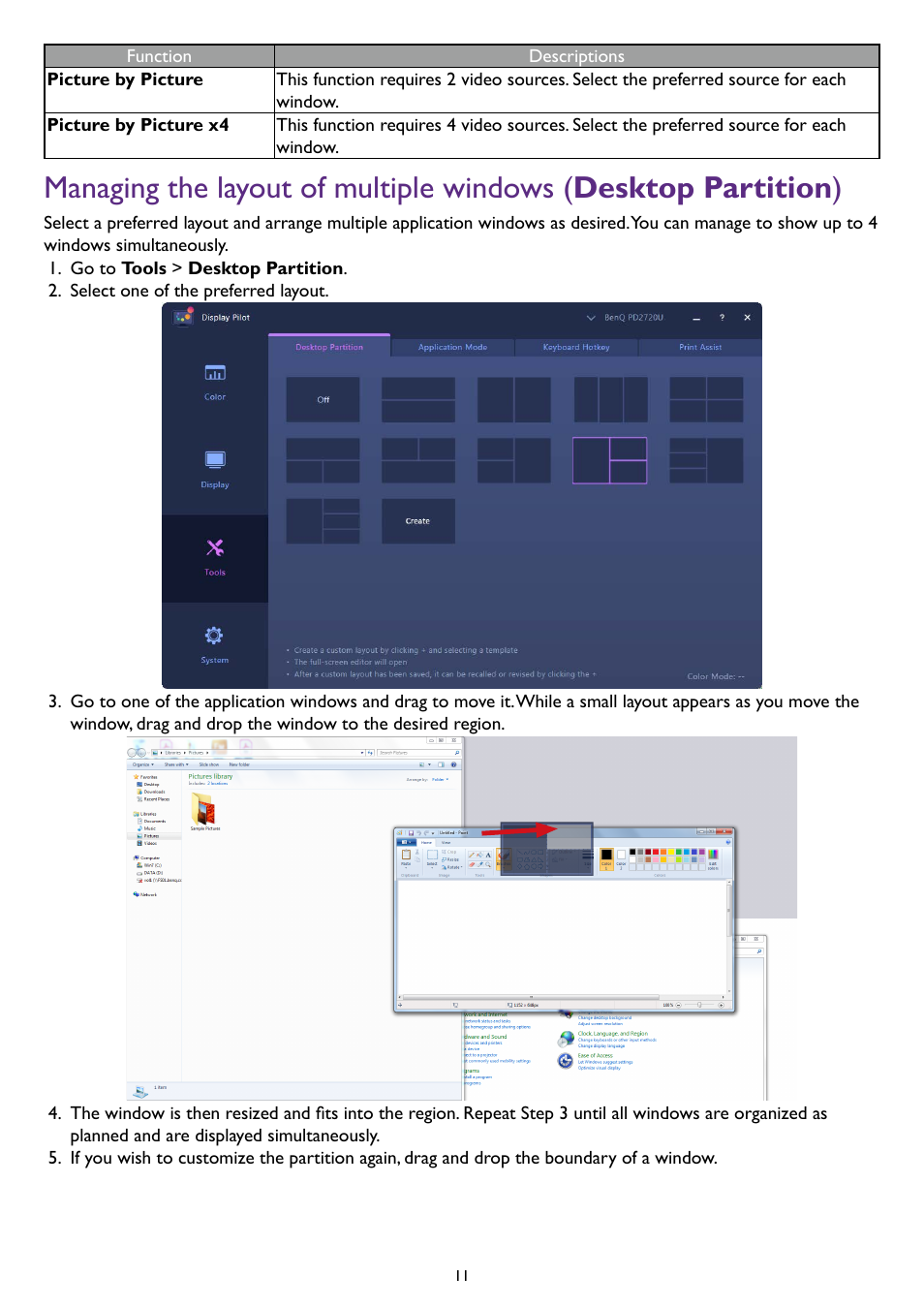 Managing the layout of multiple windows, Desktop partition | BenQ PD2500Q 25" 16:9 IPS Monitor User Manual | Page 11 / 15