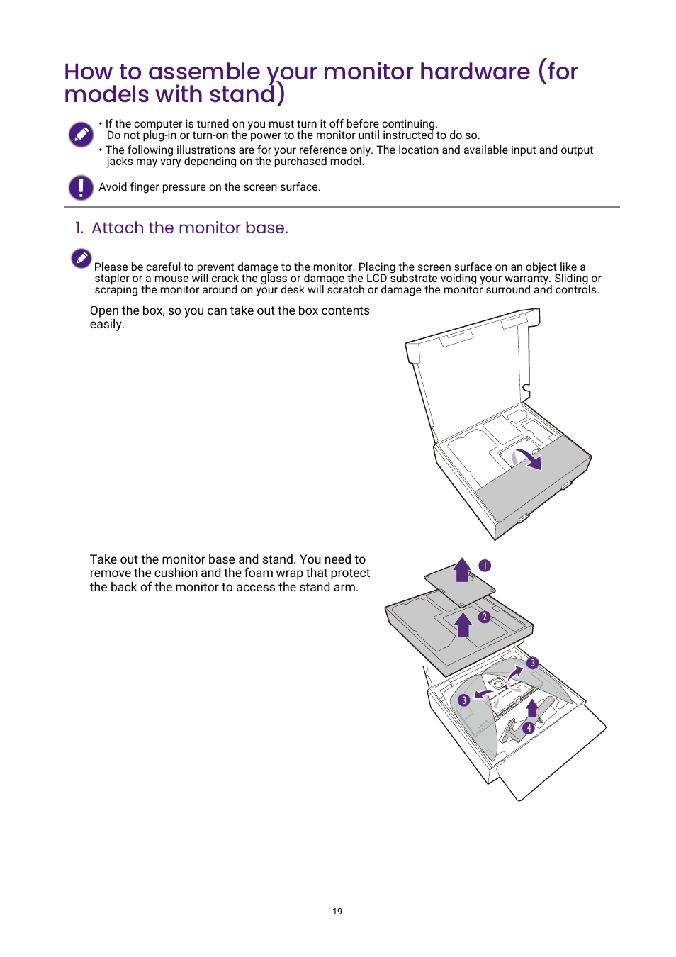 Attach the monitor base | BenQ DesignVue PD2705UA 27" 4K HDR Monitor with Ergo Stand User Manual | Page 19 / 75