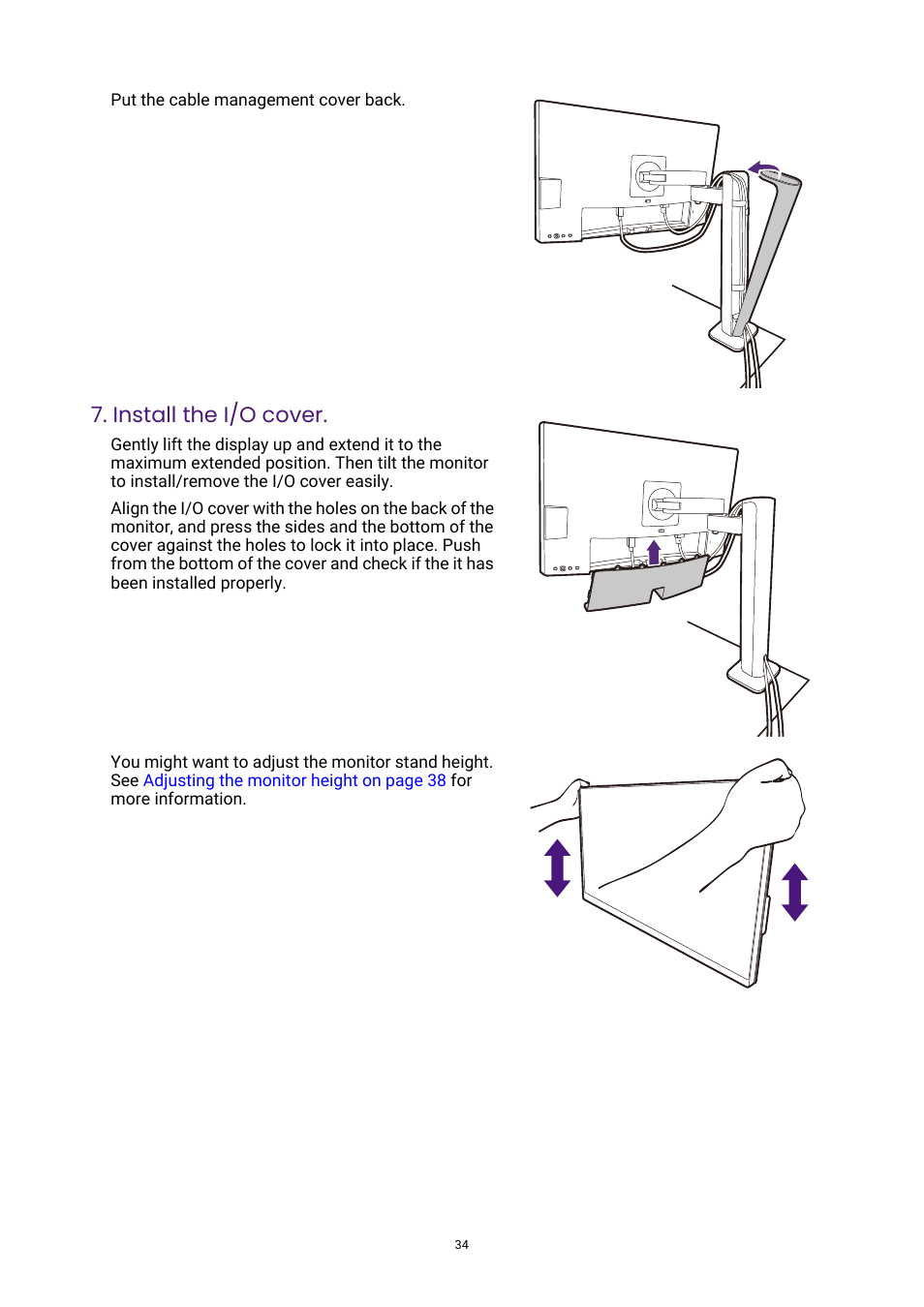 Install the i/o cover | BenQ DesignVue PD2705UA 27" 4K HDR Monitor with Ergo Stand User Manual | Page 34 / 75
