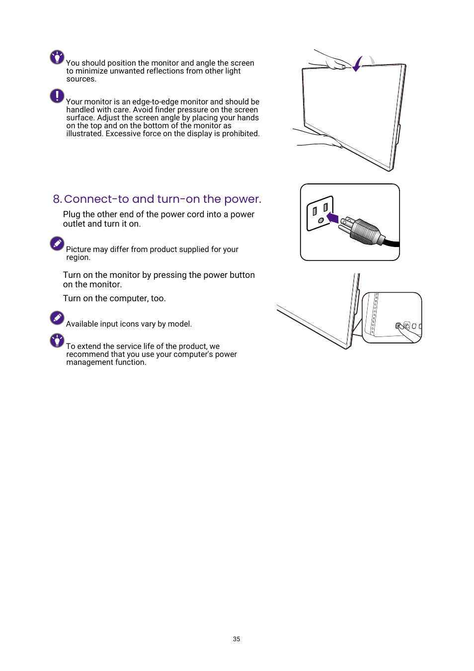 Connect-to and turn-on the power | BenQ DesignVue PD2705UA 27" 4K HDR Monitor with Ergo Stand User Manual | Page 35 / 75